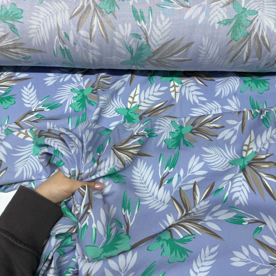 Viskon Kumaş Bebe Mavi Yaprak Çiçek Desenli %100 Pamuk