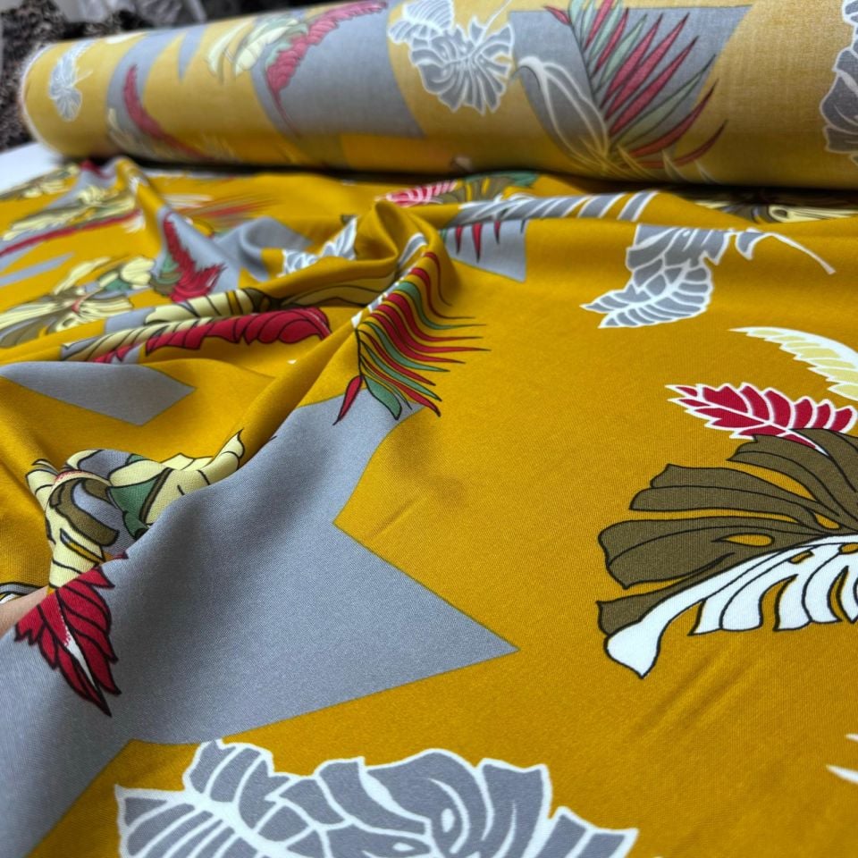 Viskon Kumaş Hardal Renk Büyük Çiçek&Yaprak Geometrik Desenli %100 Pamuk