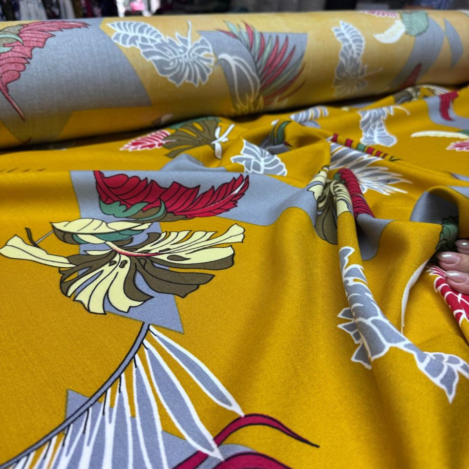 Viskon Kumaş Hardal Renk Büyük Çiçek&Yaprak Geometrik Desenli %100 Pamuk