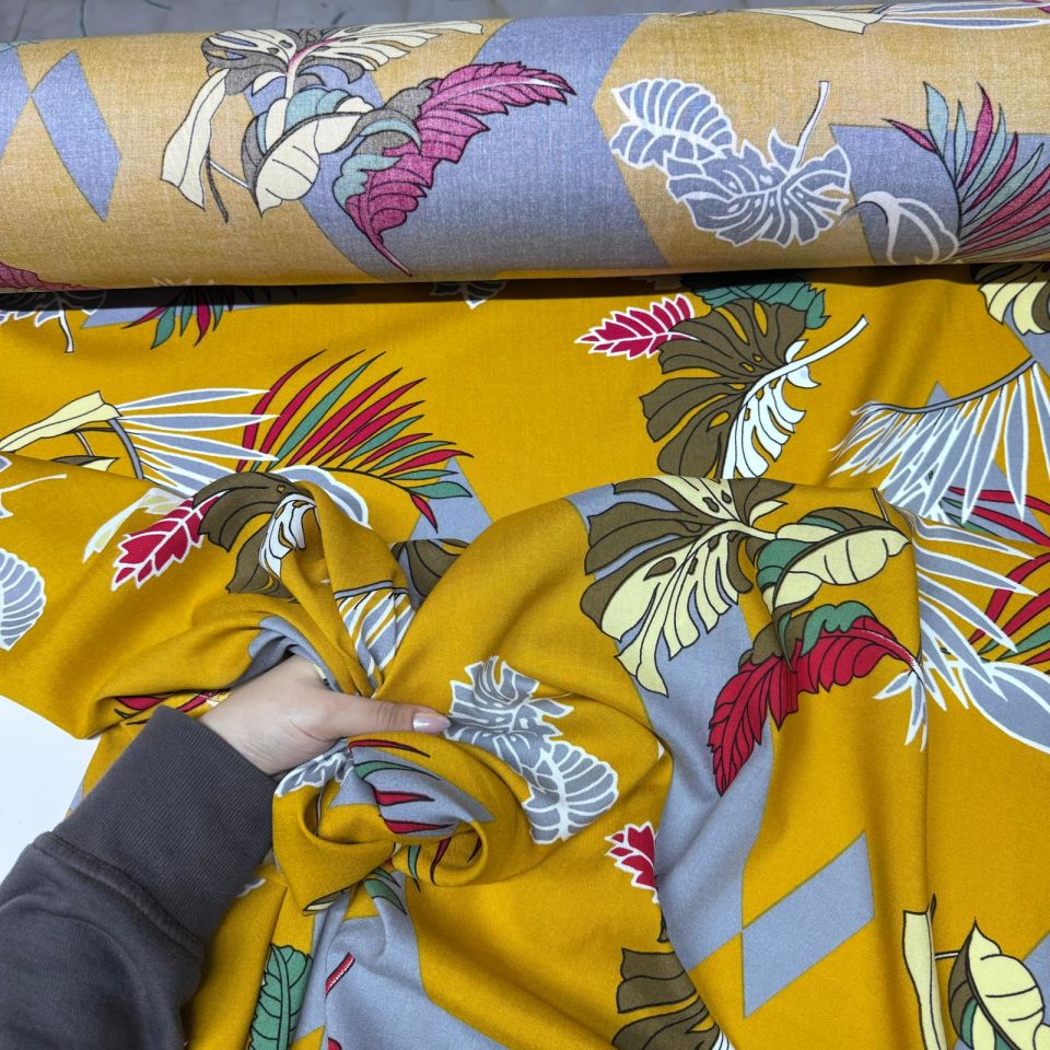 Viskon Kumaş Hardal Renk Büyük Çiçek&Yaprak Geometrik Desenli %100 Pamuk