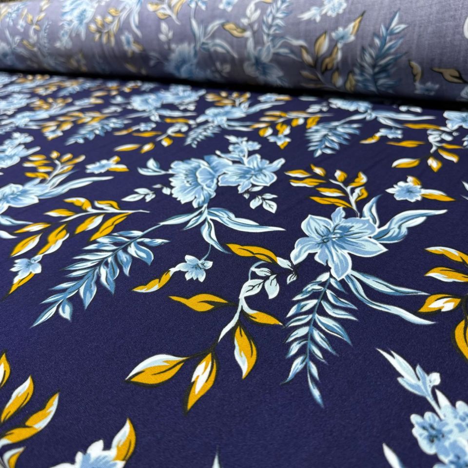 Viskon Kumaş Turuncu Çiçek Desen Lacivert %100 Pamuk