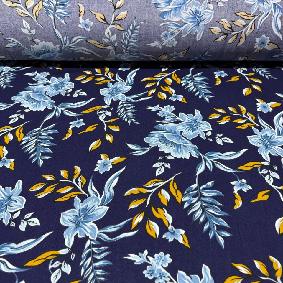 Viskon Kumaş Turuncu Çiçek Desen Lacivert %100 Pamuk