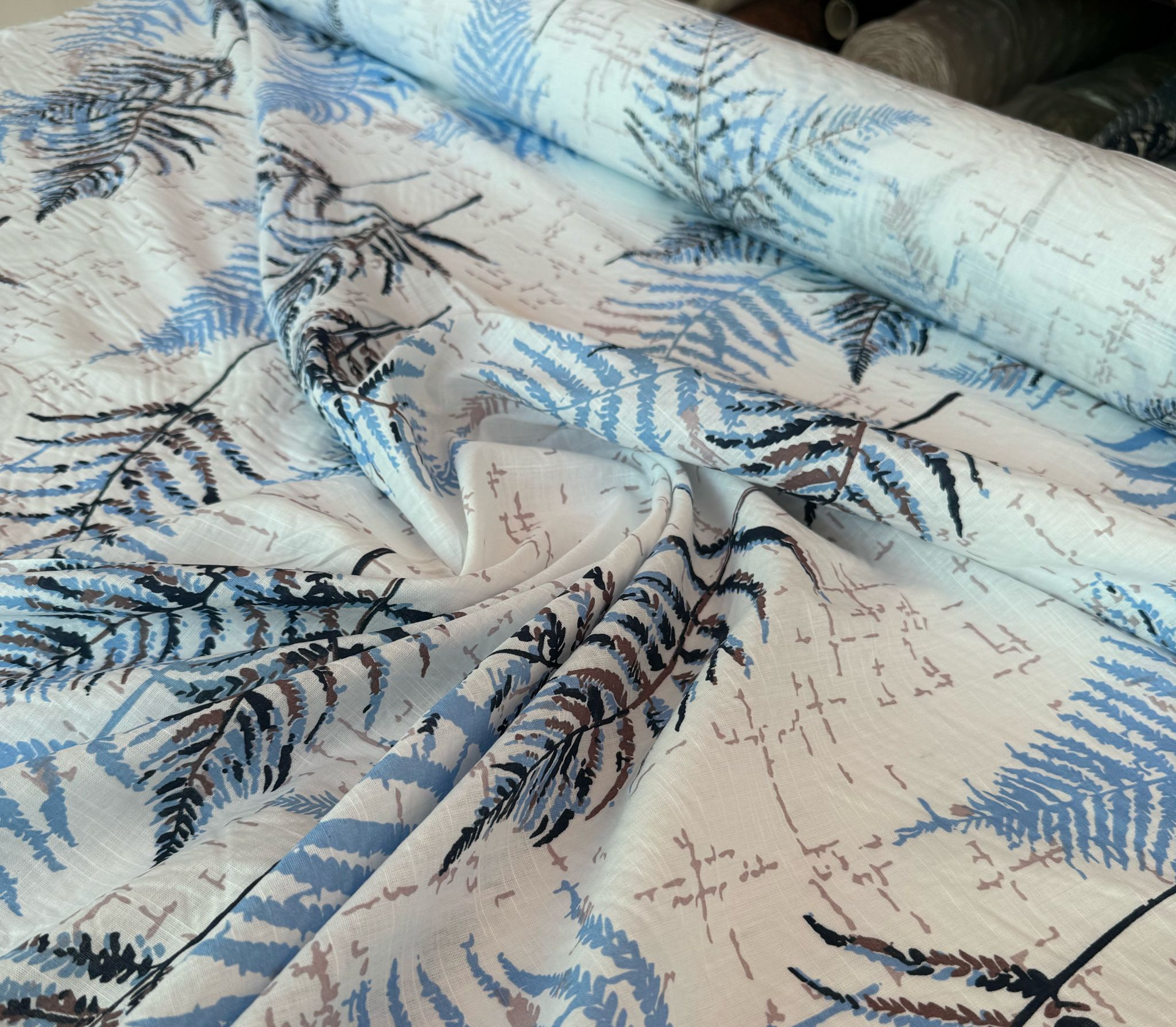 %100 Pamuk Flam Keten Kumaş Yaprak Desenli Mavi