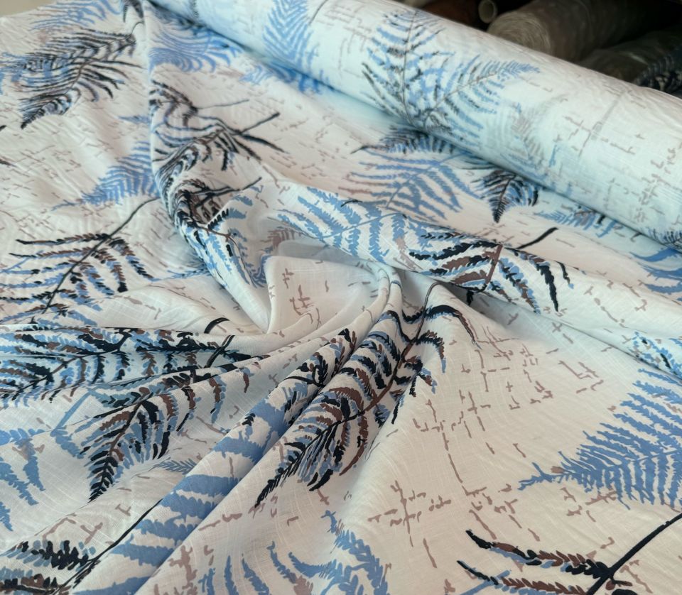 %100 Pamuk Flam Keten Kumaş Yaprak Desenli Mavi