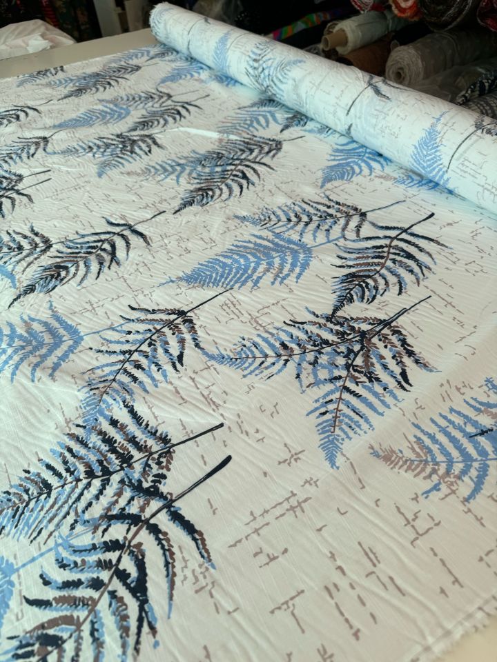 %100 Pamuk Flam Keten Kumaş Yaprak Desenli Mavi