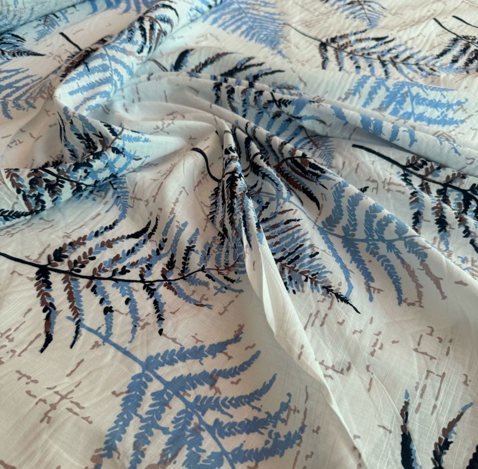 %100 Pamuk Flam Keten Kumaş Yaprak Desenli Mavi