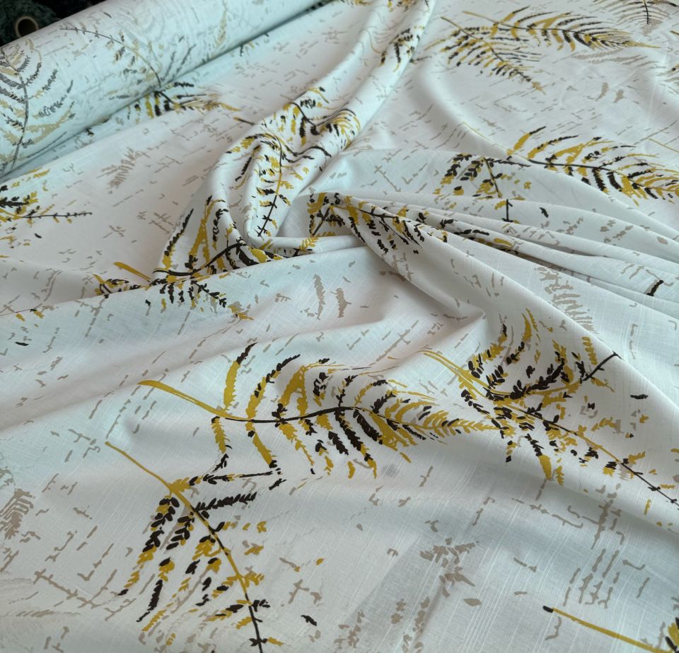 %100 Pamuk Flam Keten Kumaş Yaprak Desen Sarı Renk