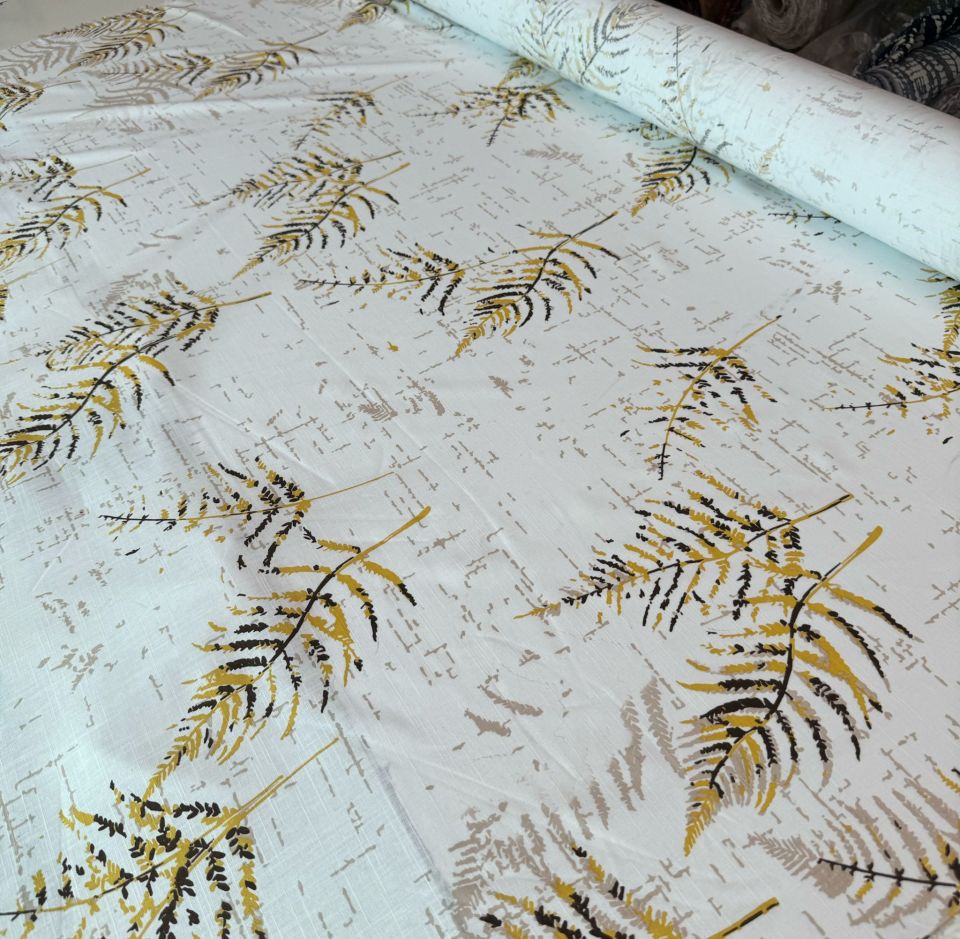 %100 Pamuk Flam Keten Kumaş Yaprak Desen Sarı Renk