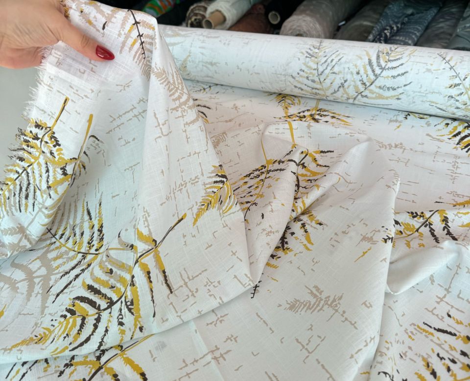 %100 Pamuk Flam Keten Kumaş Yaprak Desen Sarı Renk