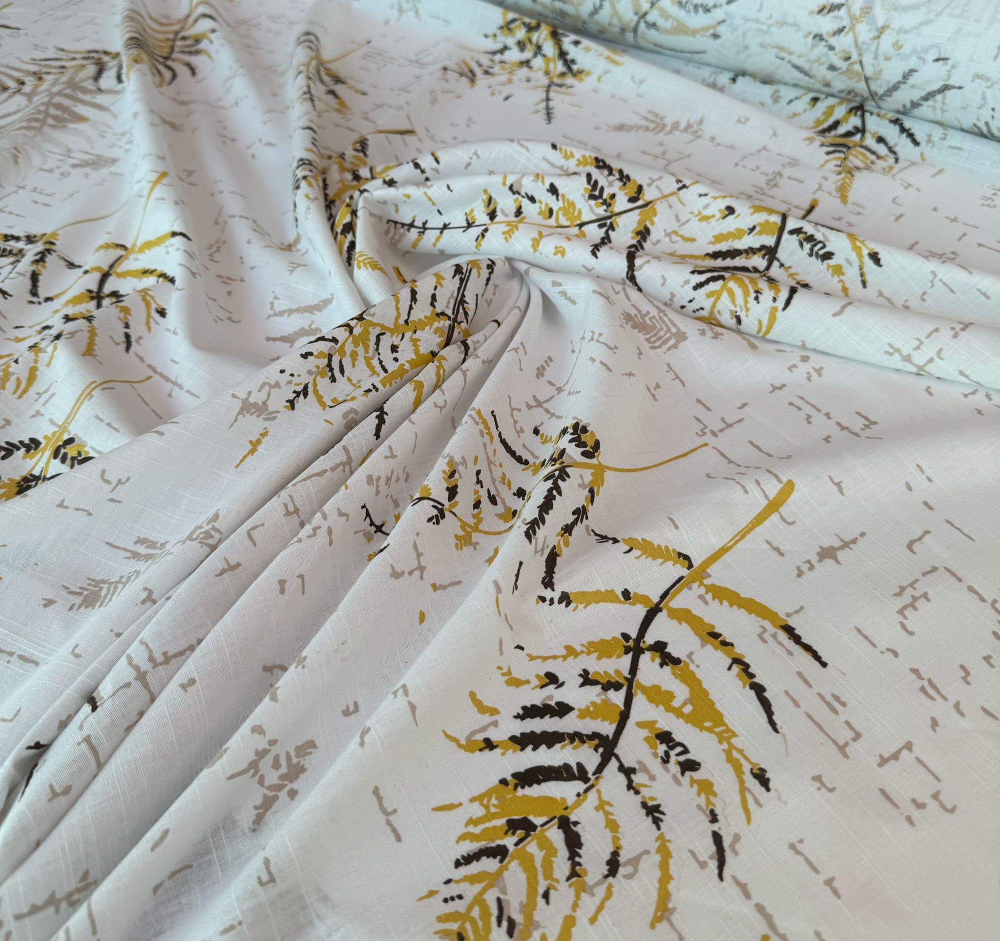 %100 Pamuk Flam Keten Kumaş Yaprak Desen Sarı Renk