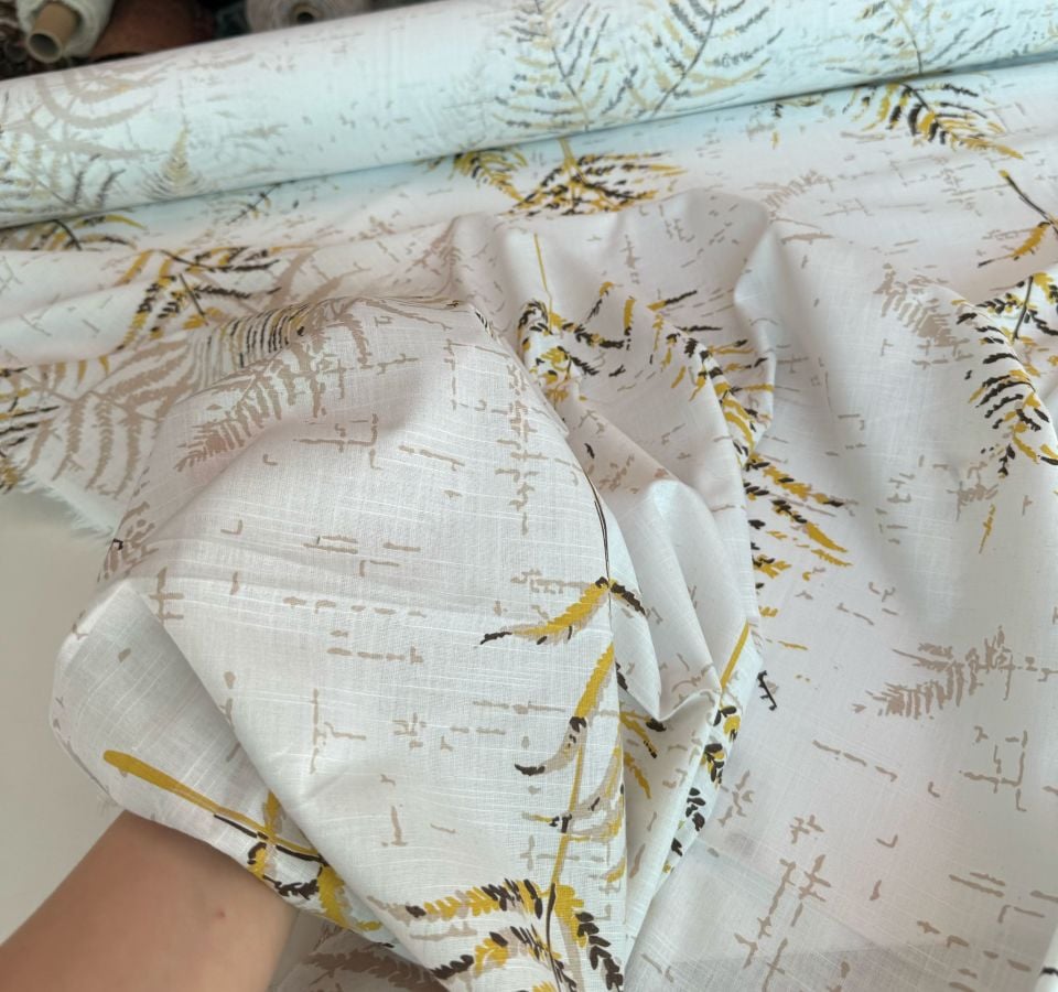 %100 Pamuk Flam Keten Kumaş Yaprak Desen Sarı Renk