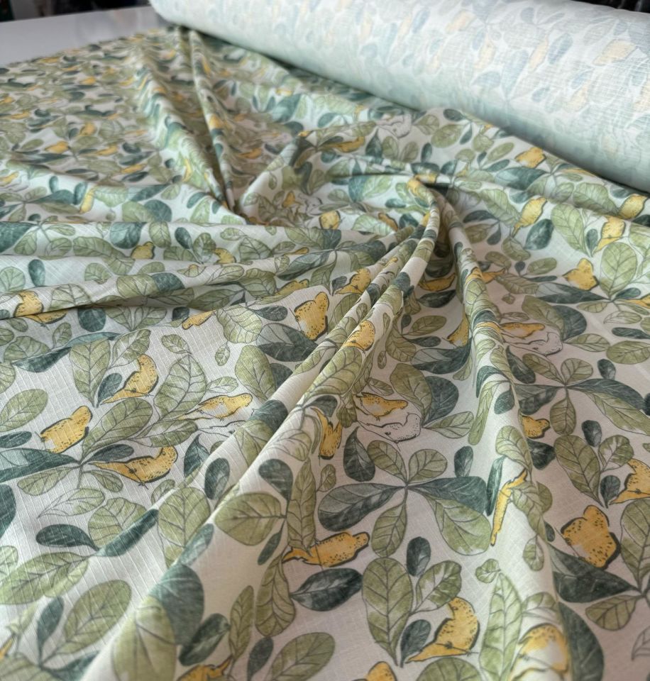 %100 Pamuk Flam Keten Kumaş Yeşil Sarı Kuş Desenli