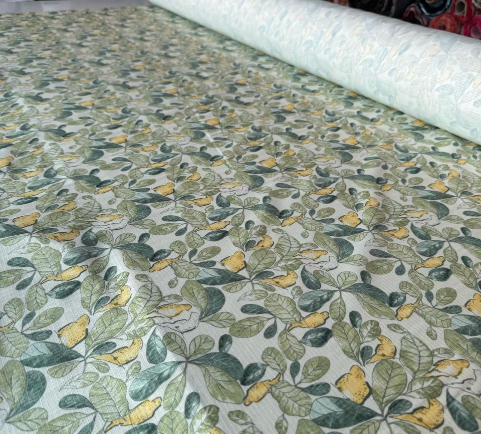 %100 Pamuk Flam Keten Kumaş Yeşil Sarı Kuş Desenli