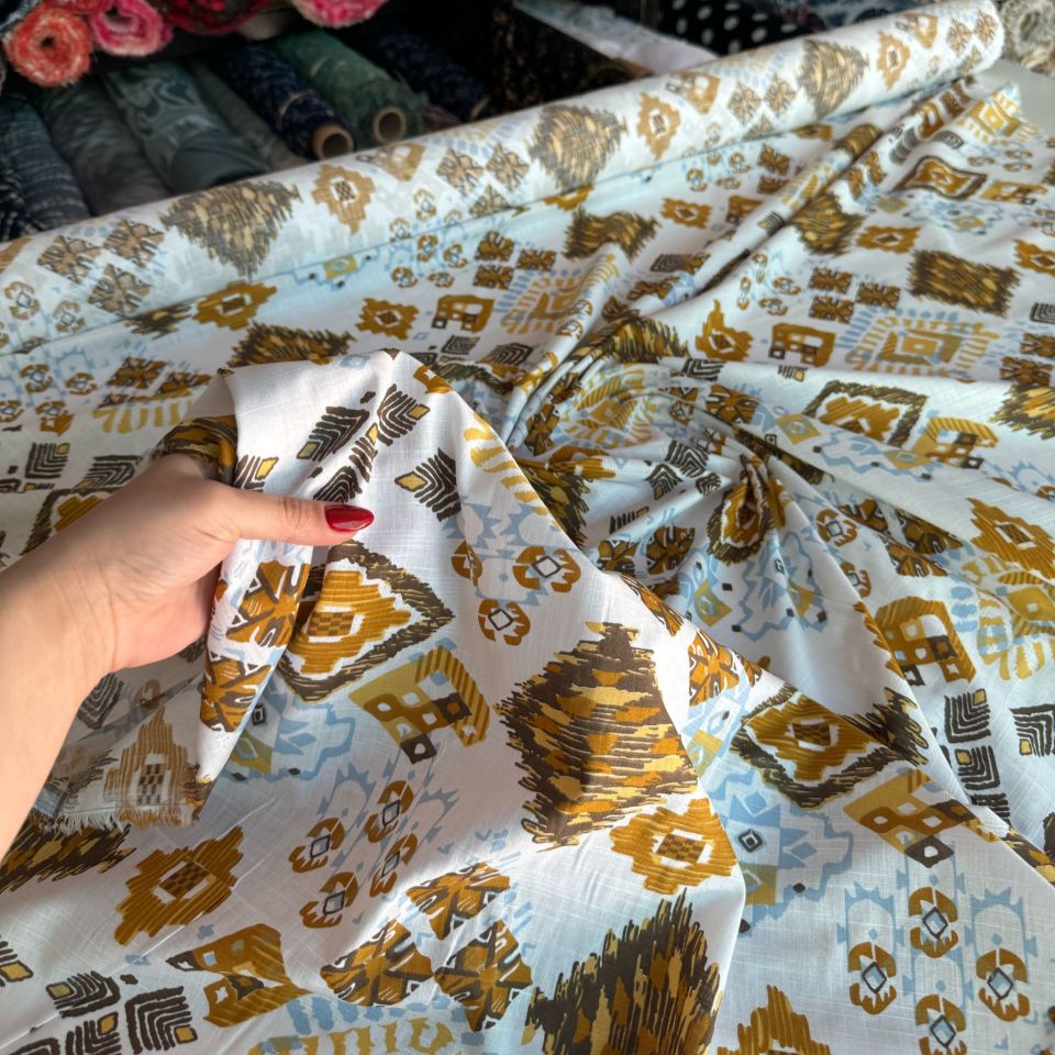 %100 Pamuk Flam Keten Kumaş Hardal Renk Desenli