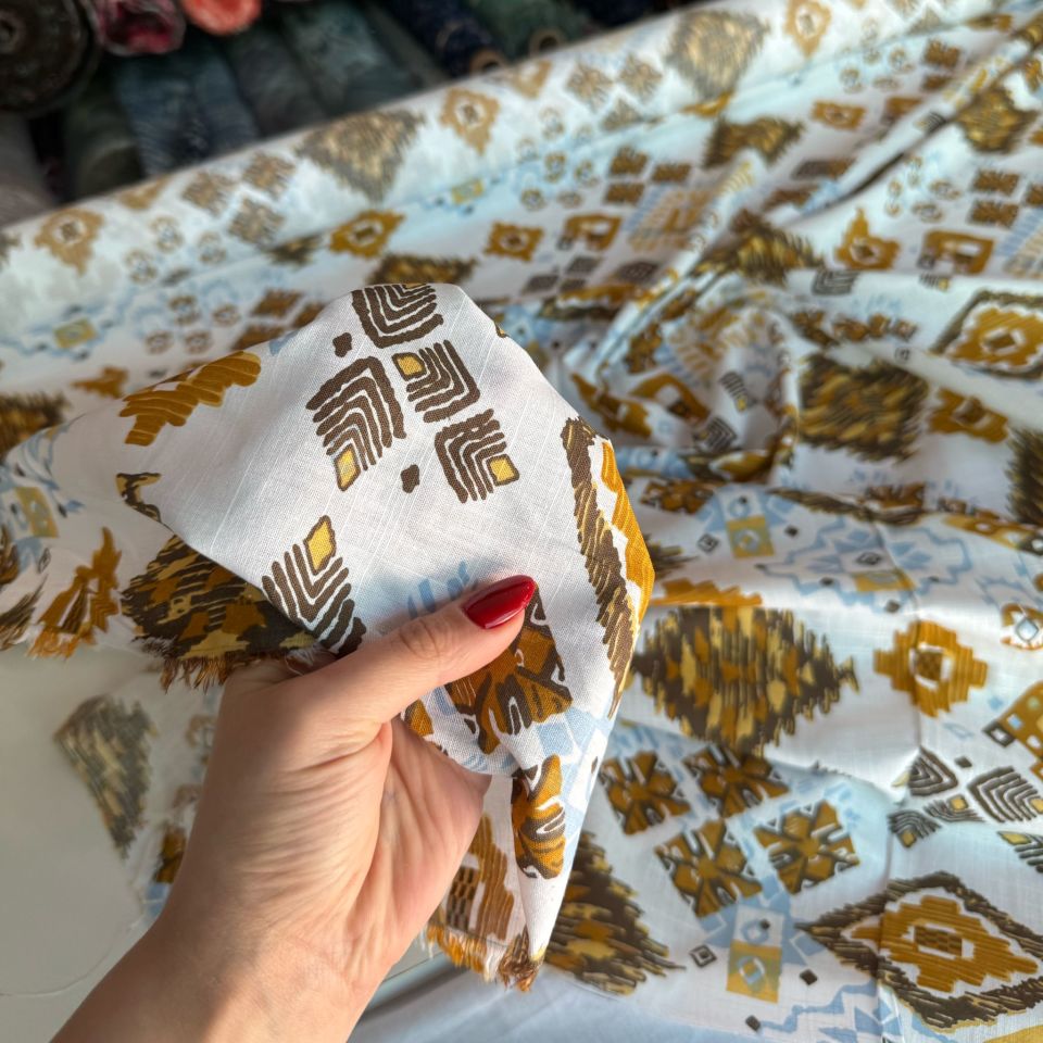 %100 Pamuk Flam Keten Kumaş Hardal Renk Desenli