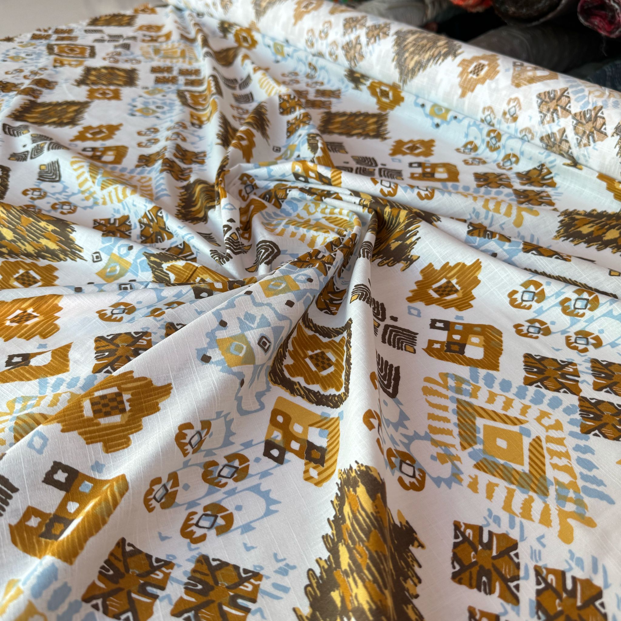 %100 Pamuk Flam Keten Kumaş Hardal Renk Desenli