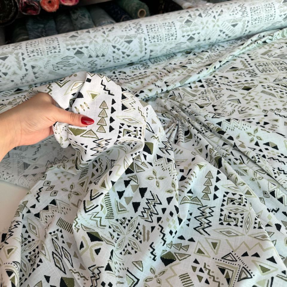 %100 Pamuk Flam Keten Kumaş Beyaz Renk Desenli