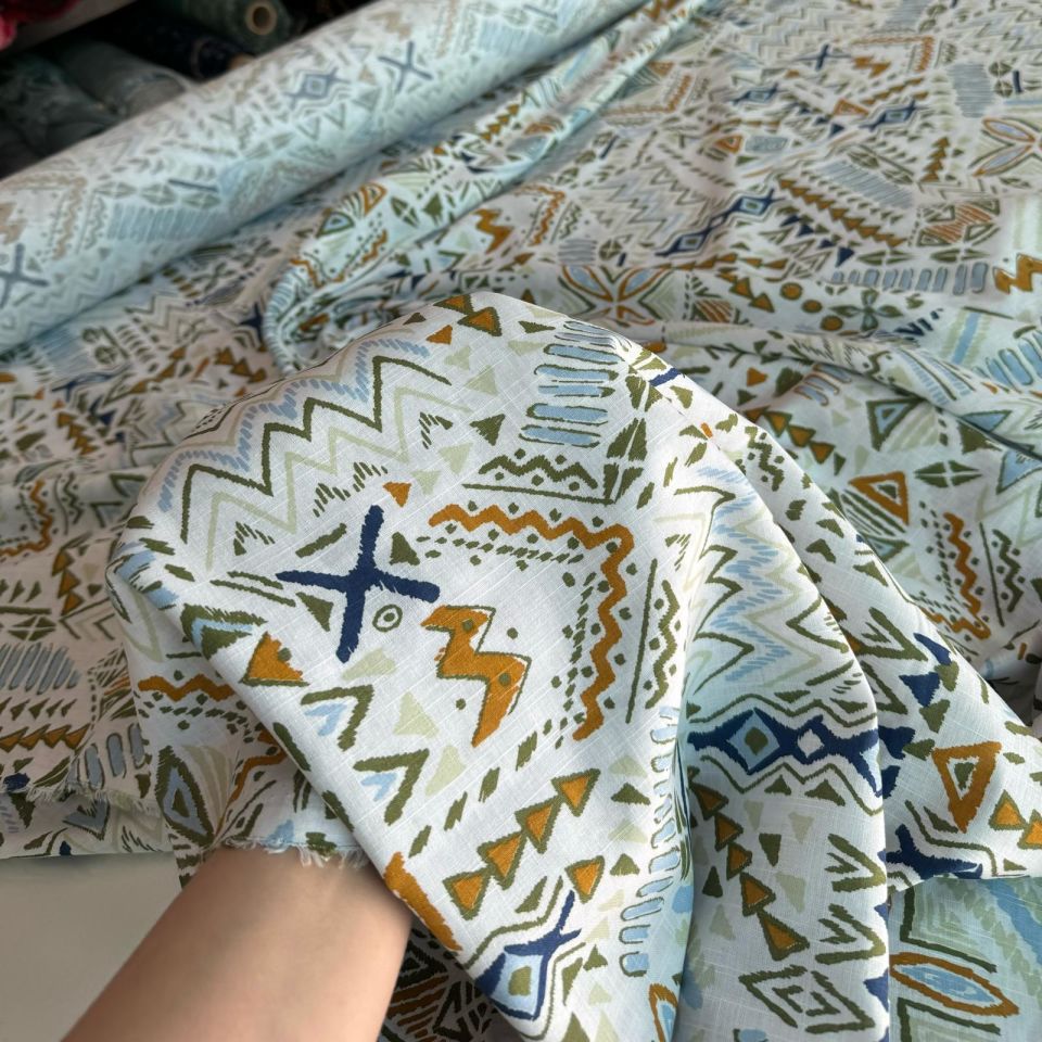 %100 Pamuk Flam Keten Kumaş Hardal Mavi Renk Desenli