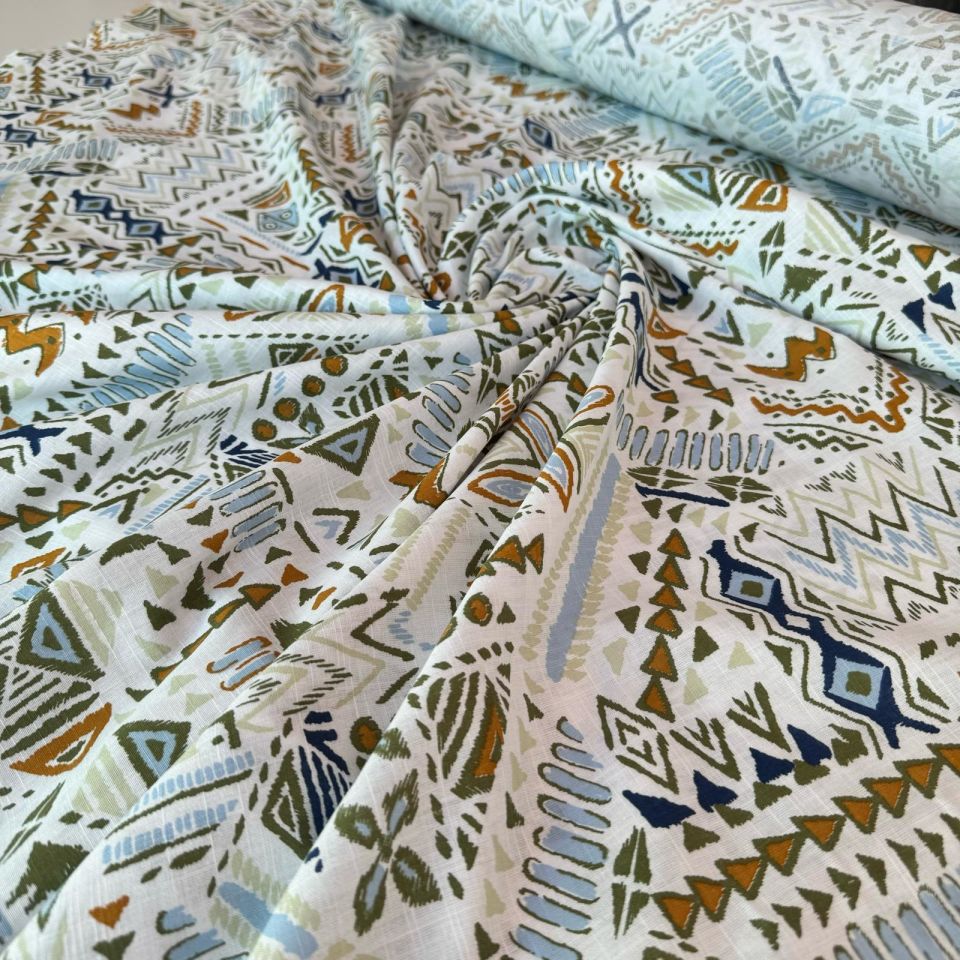 %100 Pamuk Flam Keten Kumaş Hardal Mavi Renk Desenli