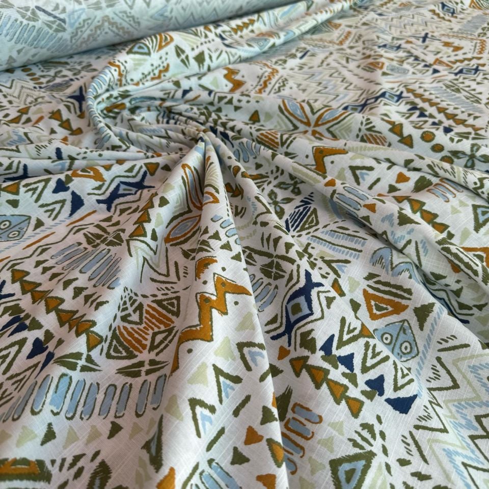 %100 Pamuk Flam Keten Kumaş Hardal Mavi Renk Desenli