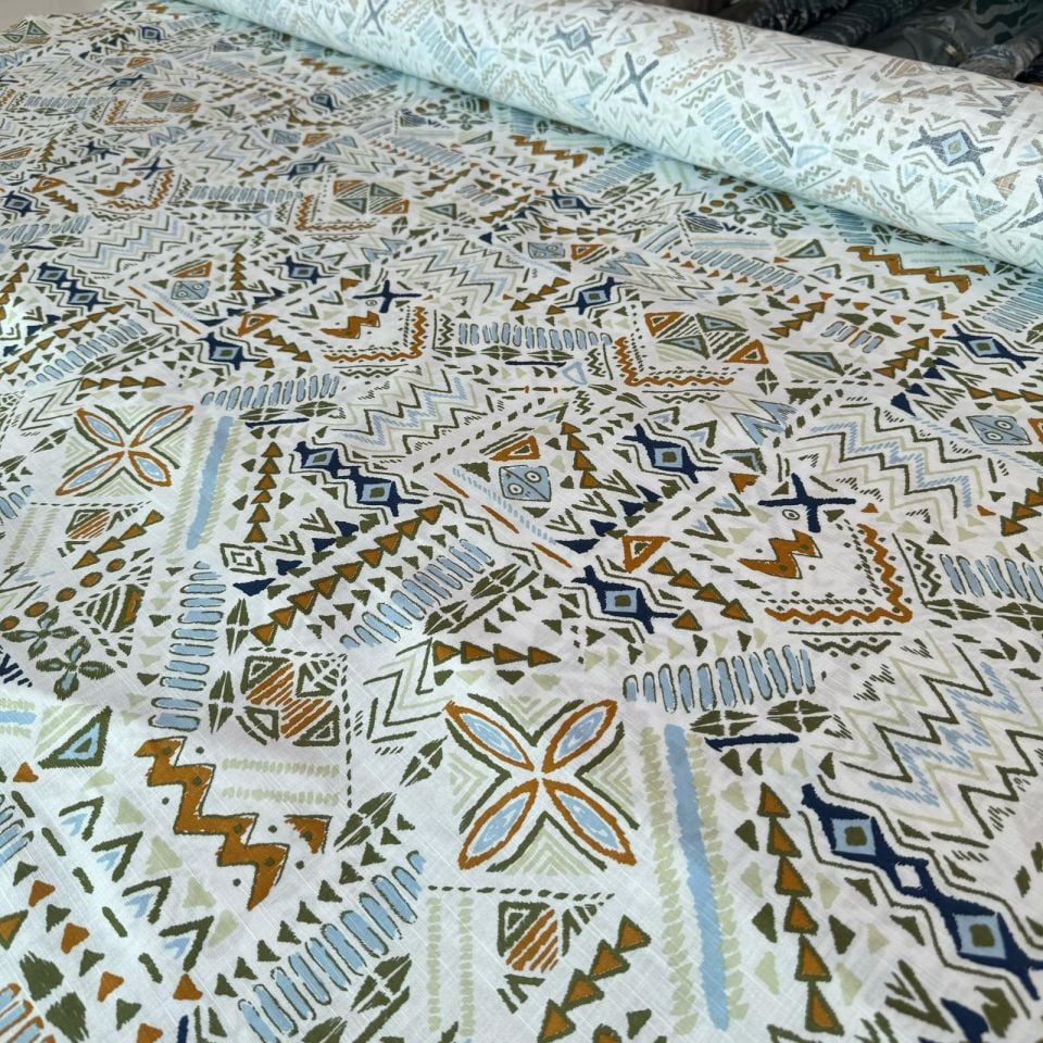 %100 Pamuk Flam Keten Kumaş Hardal Mavi Renk Desenli