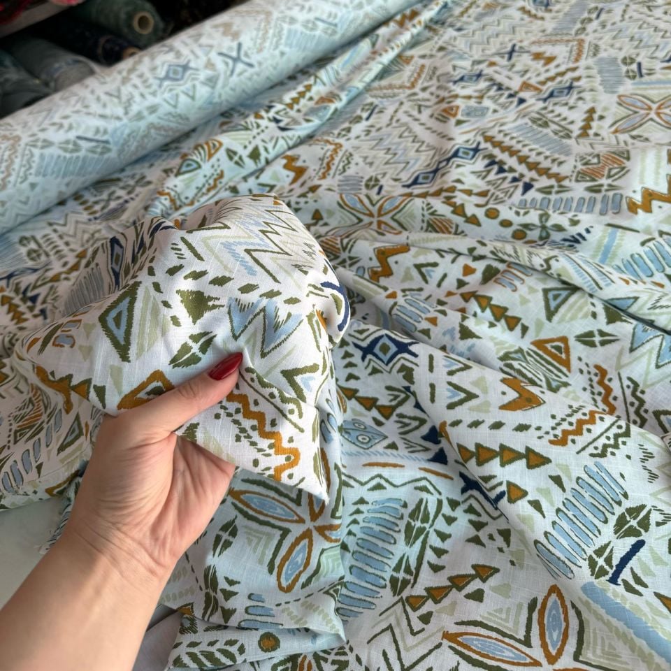 %100 Pamuk Flam Keten Kumaş Hardal Mavi Renk Desenli