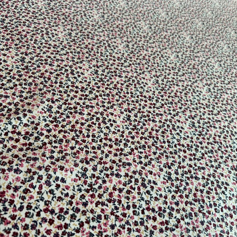 %100 Pamuk Flam Keten Kumaş Pembe Küçük Çiçek Desenli Emprime