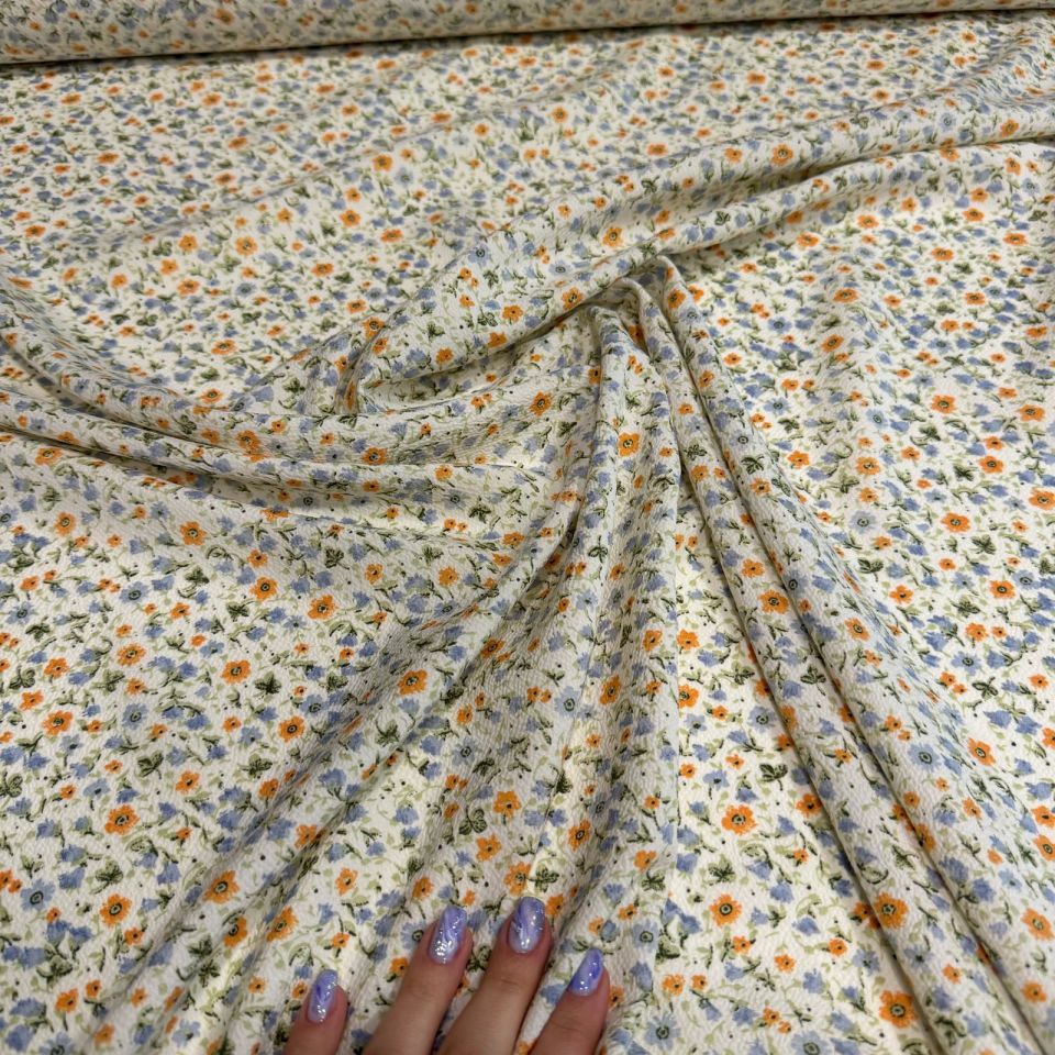 Gofre Kumaş Küçük Çiçek Desenli Emprime  Mavi Turuncu Çiçek