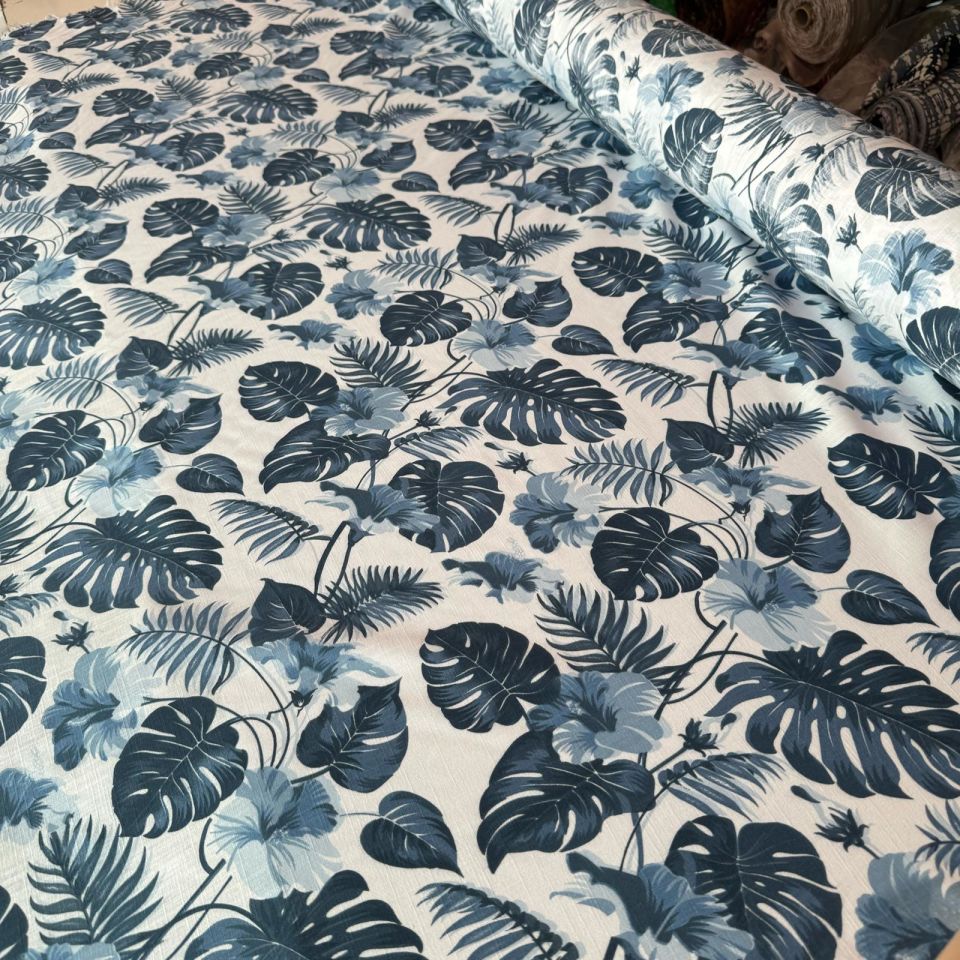 %100 Pamuk Flam Keten Kumaş Mavi Yaprak Desenli