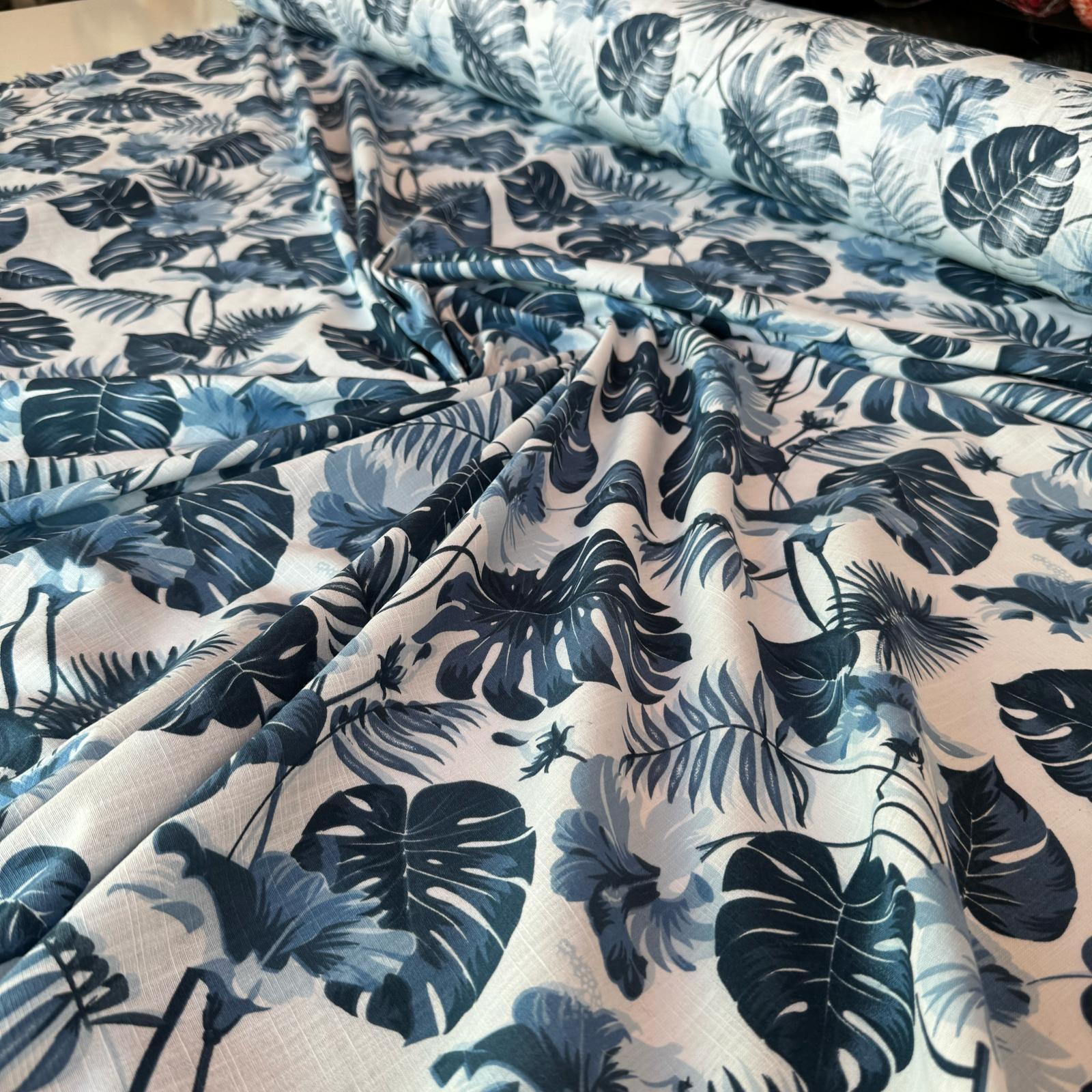 %100 Pamuk Flam Keten Kumaş Mavi Yaprak Desenli