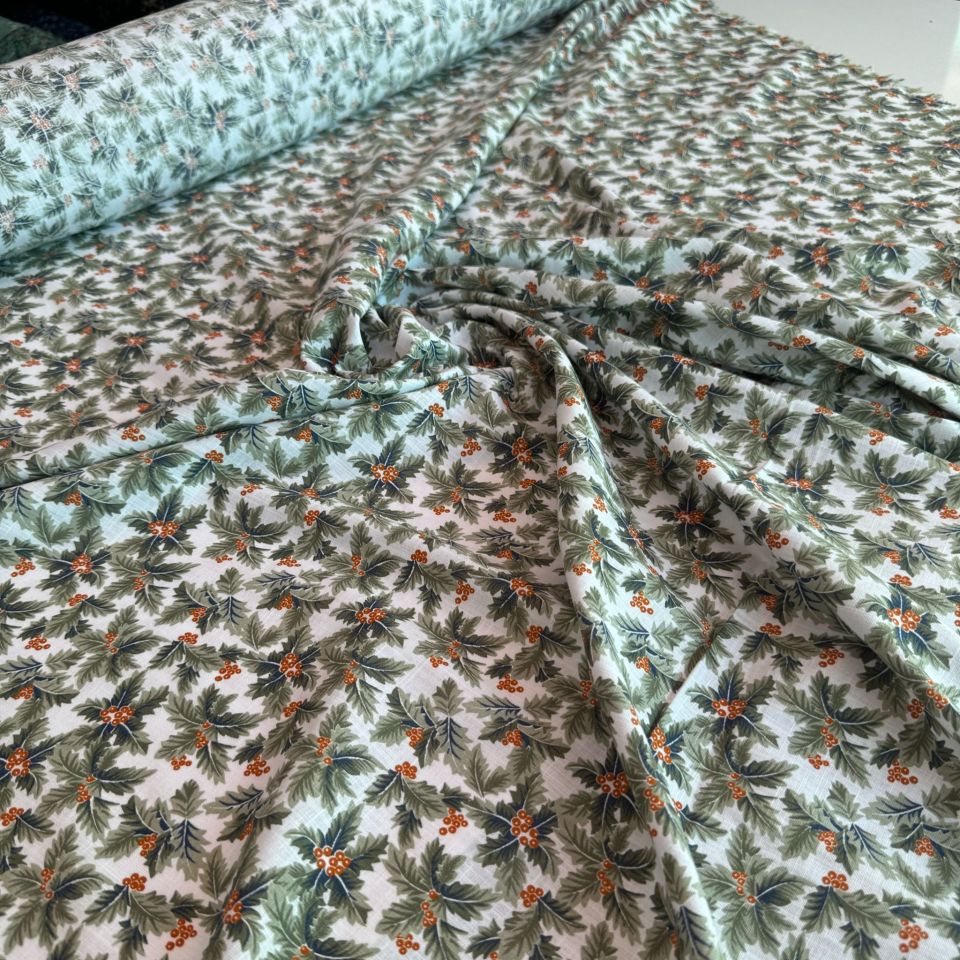 %100 Pamuk Flam Keten Kumaş Kokina Çiçek Desenli Kırmızı Yeşil