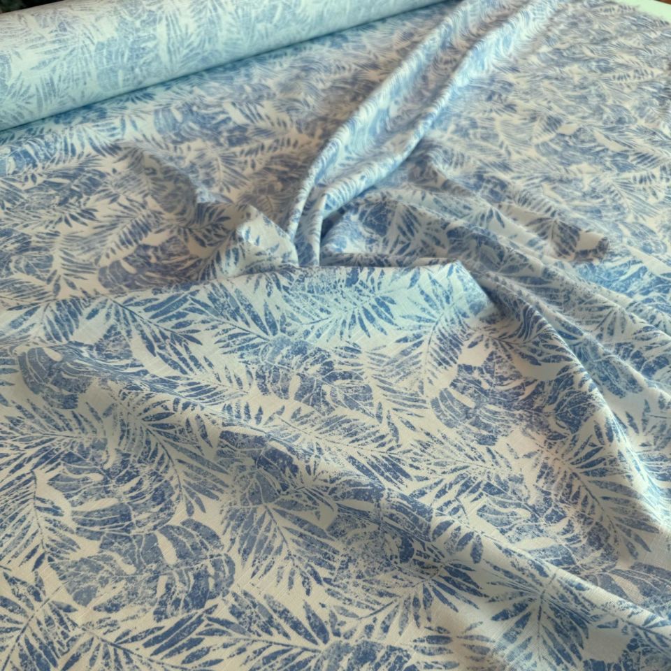 %100 Pamuk Flam Keten Kumaş Açık Mavi Renk Yaprak Desen