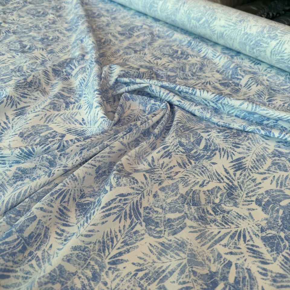 %100 Pamuk Flam Keten Kumaş Açık Mavi Renk Yaprak Desen