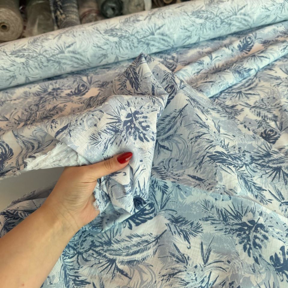 %100 Pamuk Flam Keten Kumaş Açık Mavi Renk Yaprak Desenli