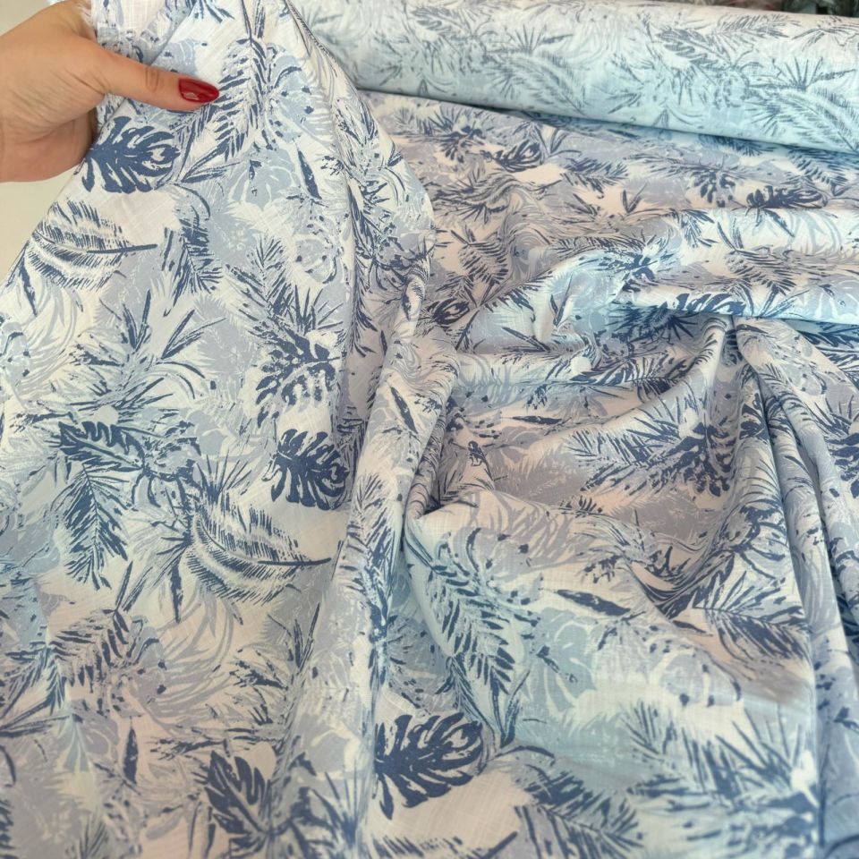 %100 Pamuk Flam Keten Kumaş Açık Mavi Renk Yaprak Desenli