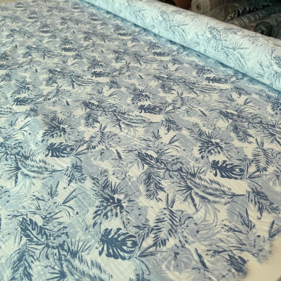 %100 Pamuk Flam Keten Kumaş Açık Mavi Renk Yaprak Desenli