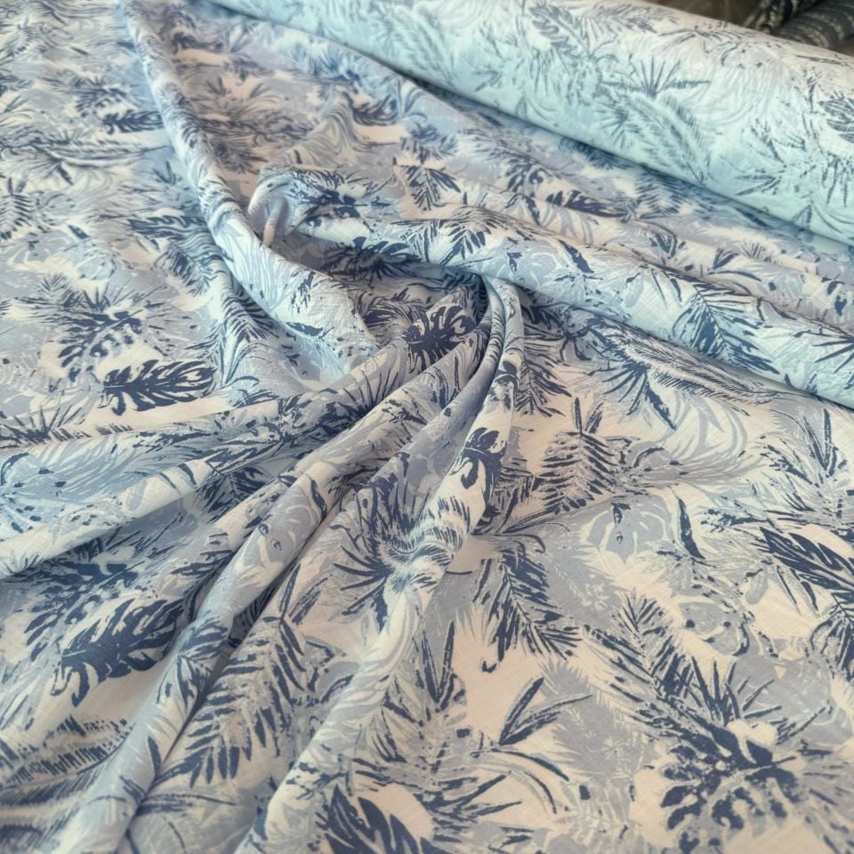 %100 Pamuk Flam Keten Kumaş Açık Mavi Renk Yaprak Desenli