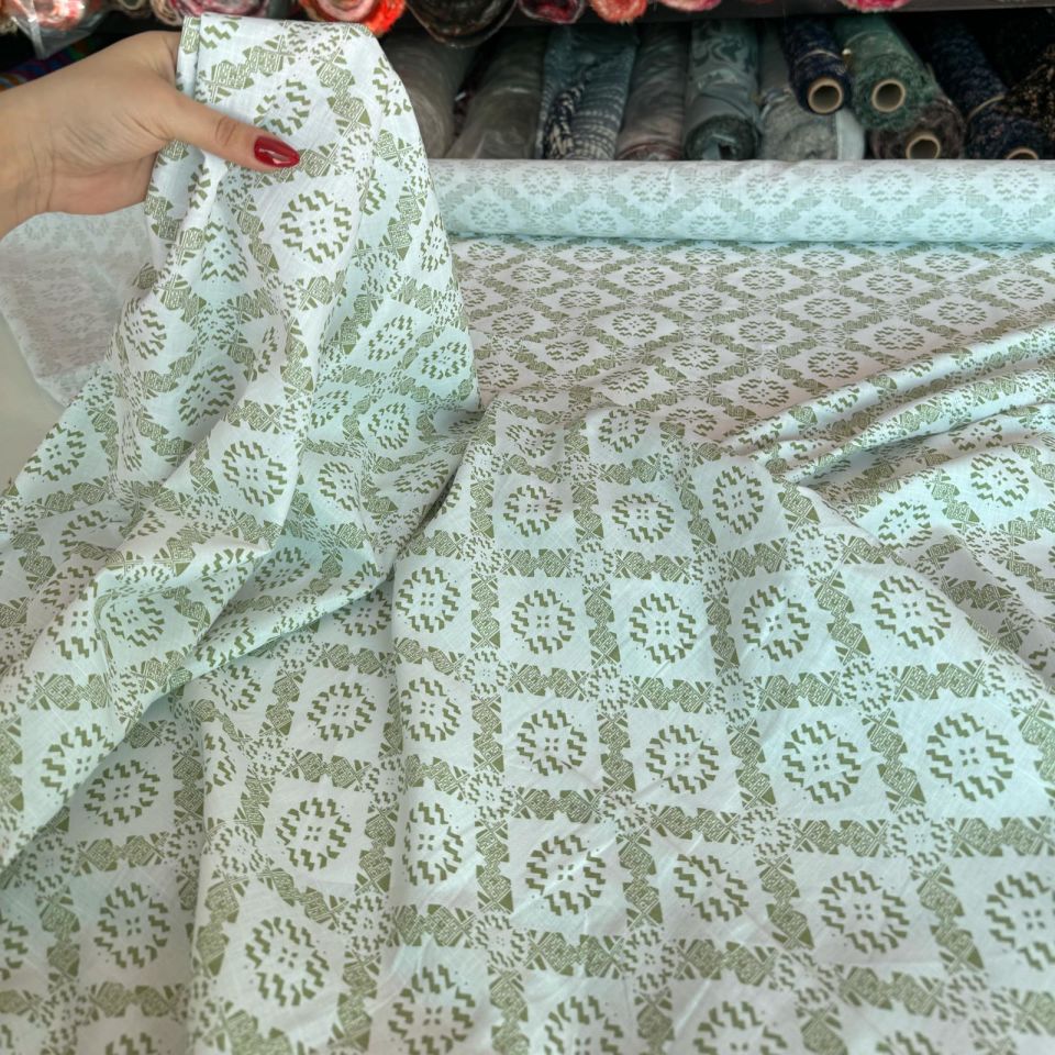 %100 Pamuk Flam Keten Kumaş Su Yeşili Desenli Türk Motifli