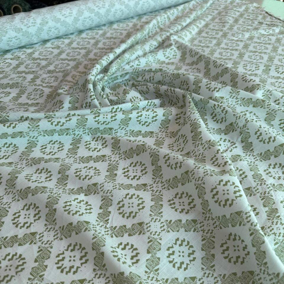 %100 Pamuk Flam Keten Kumaş Su Yeşili Desenli Türk Motifli