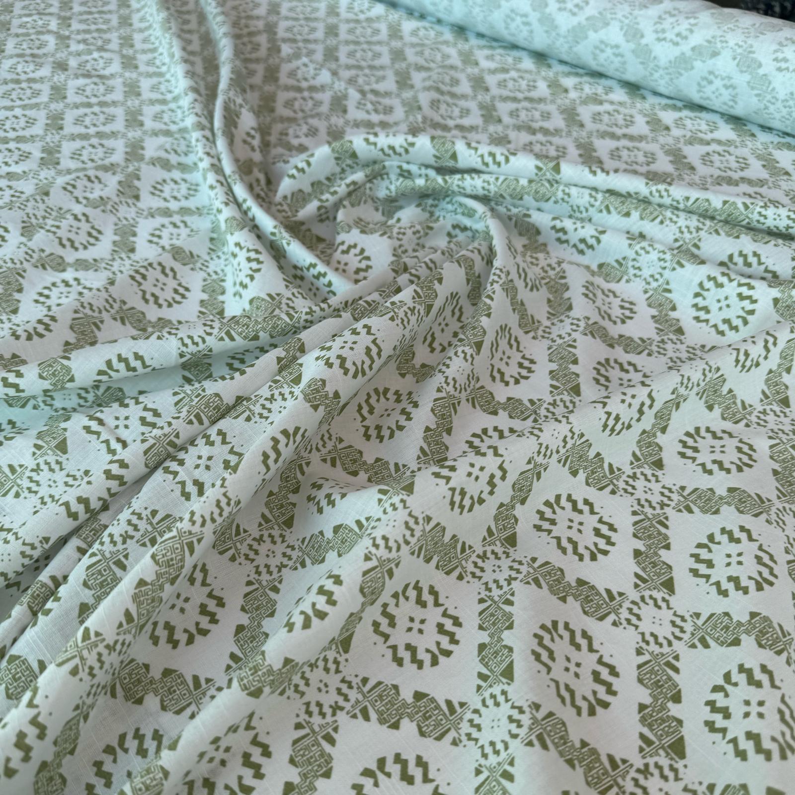 %100 Pamuk Flam Keten Kumaş Su Yeşili Desenli Türk Motifli