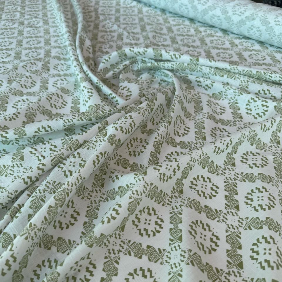 %100 Pamuk Flam Keten Kumaş Su Yeşili Desenli Türk Motifli