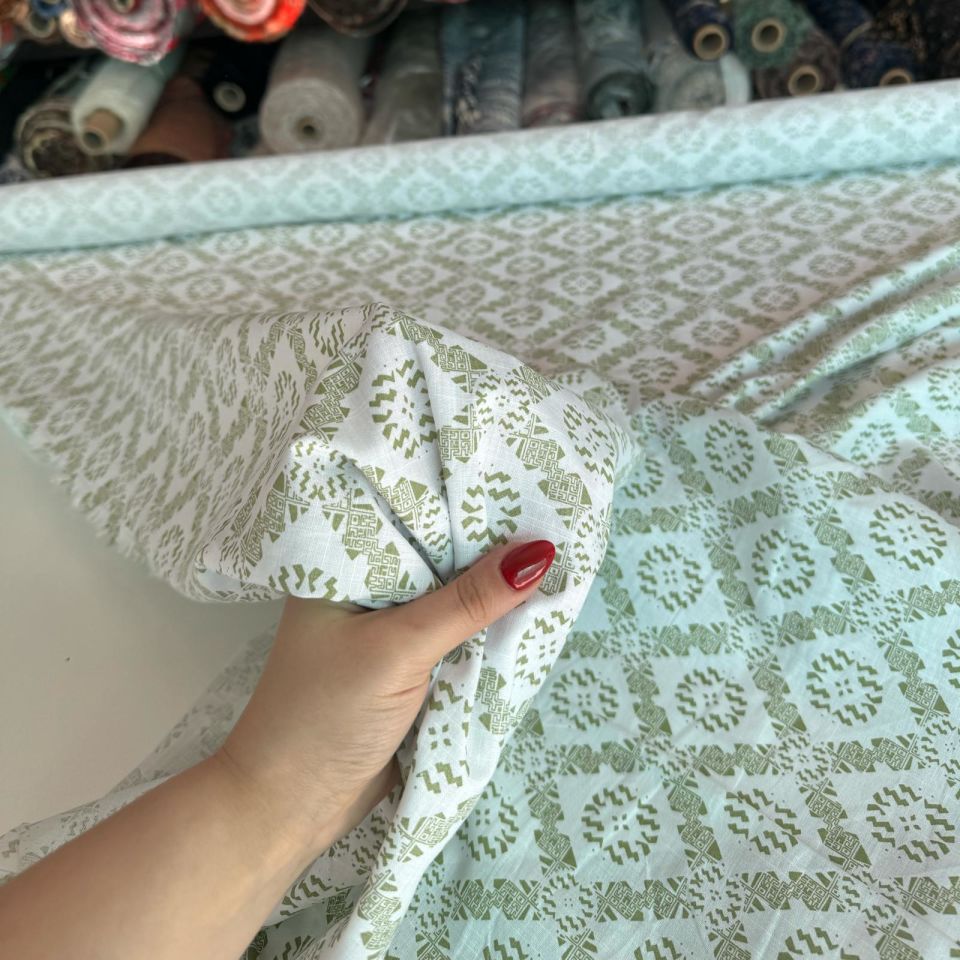 %100 Pamuk Flam Keten Kumaş Su Yeşili Desenli Türk Motifli