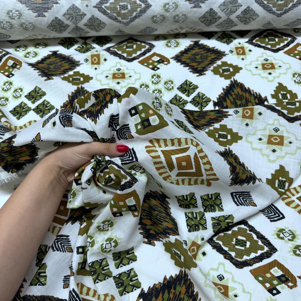 %100 Pamuk Flam Keten Kumaş Kilim Desen Kahverengi