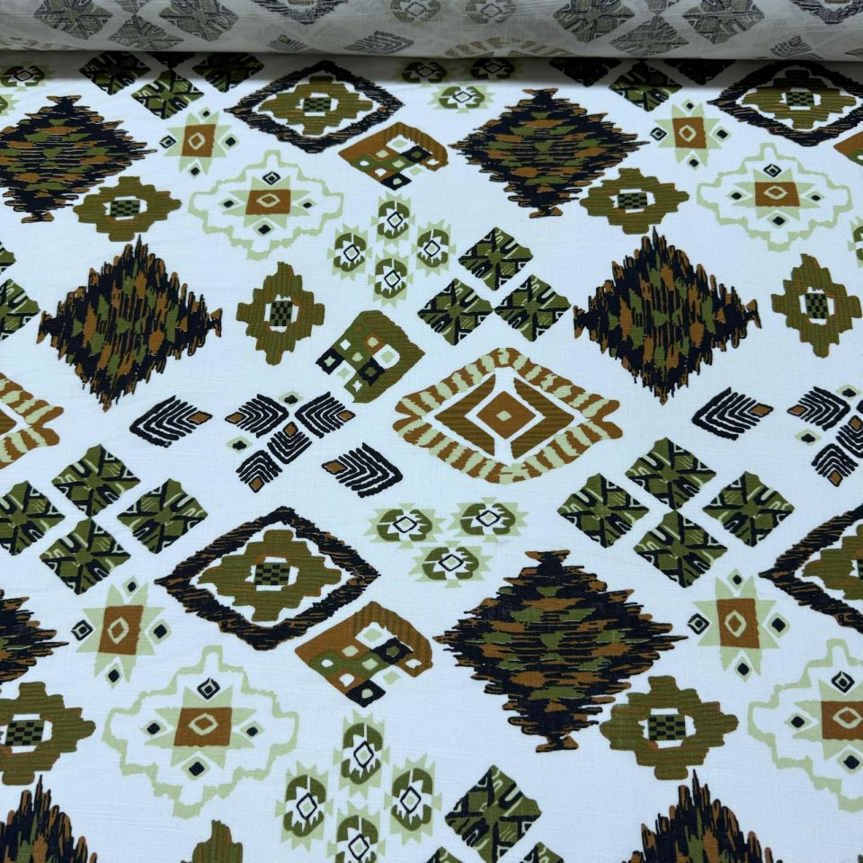 %100 Pamuk Flam Keten Kumaş Kilim Desen Kahverengi