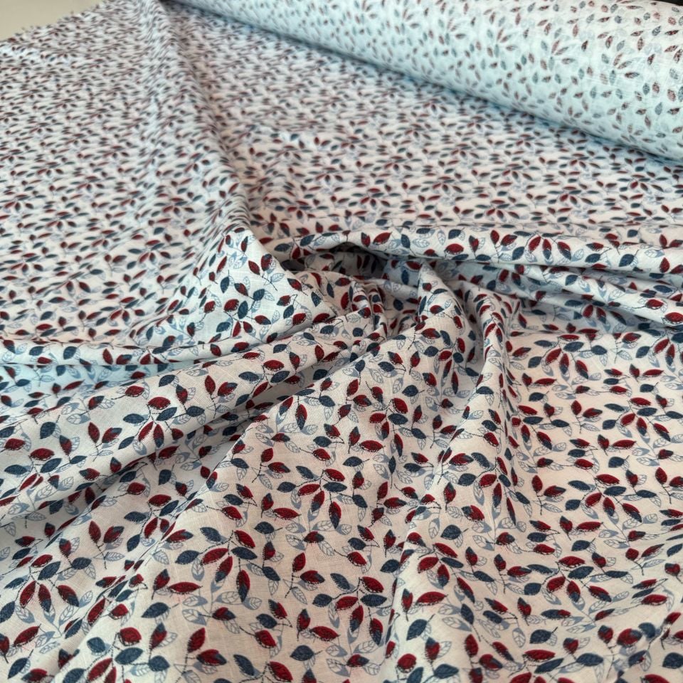 %100 Pamuk Flam Keten Kumaş Bordo Yaprak Desen