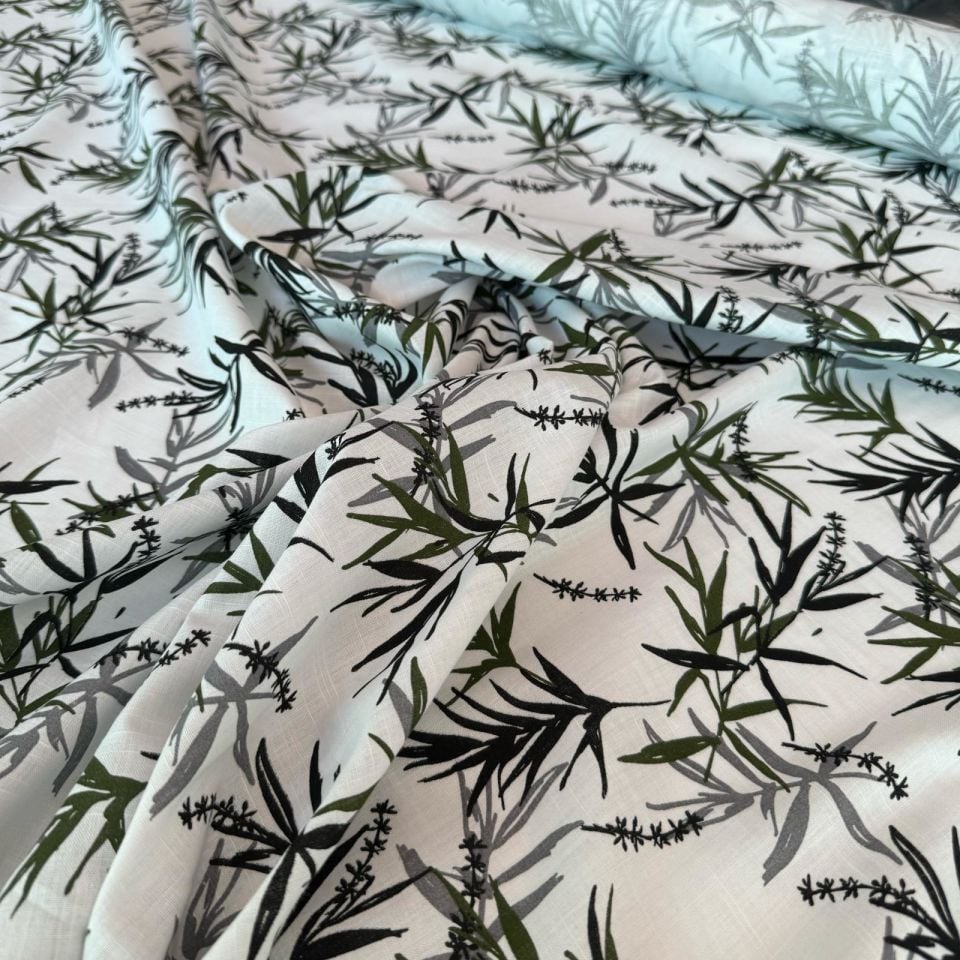 %100 Pamuk Flam Keten Kumaş Bambu Yaprak Desenli