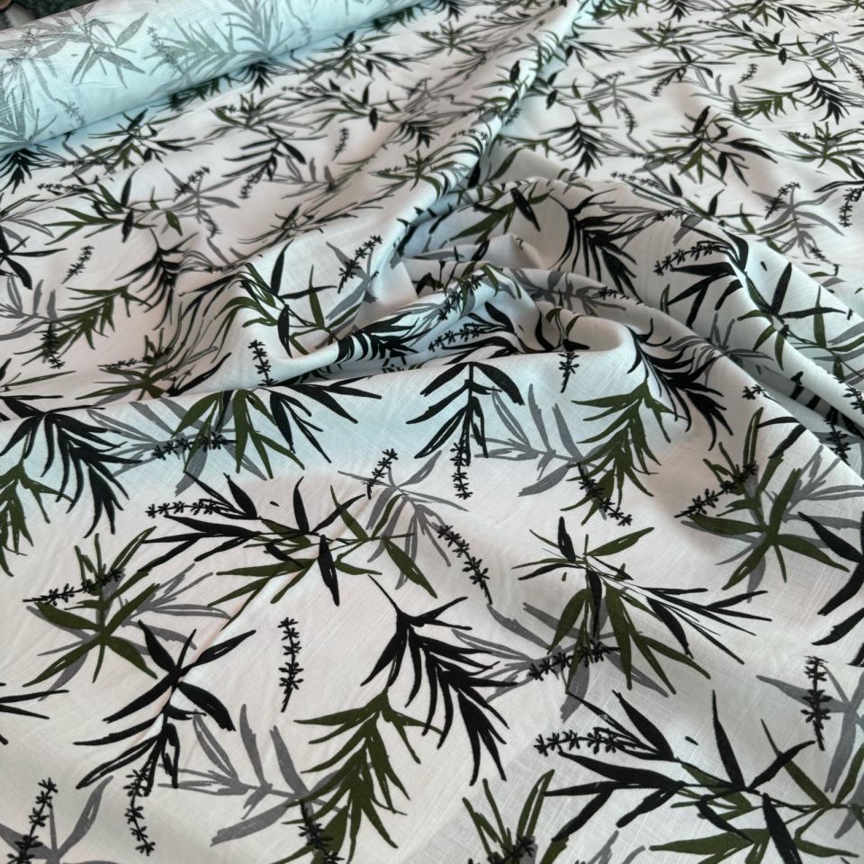 %100 Pamuk Flam Keten Kumaş Bambu Yaprak Desenli