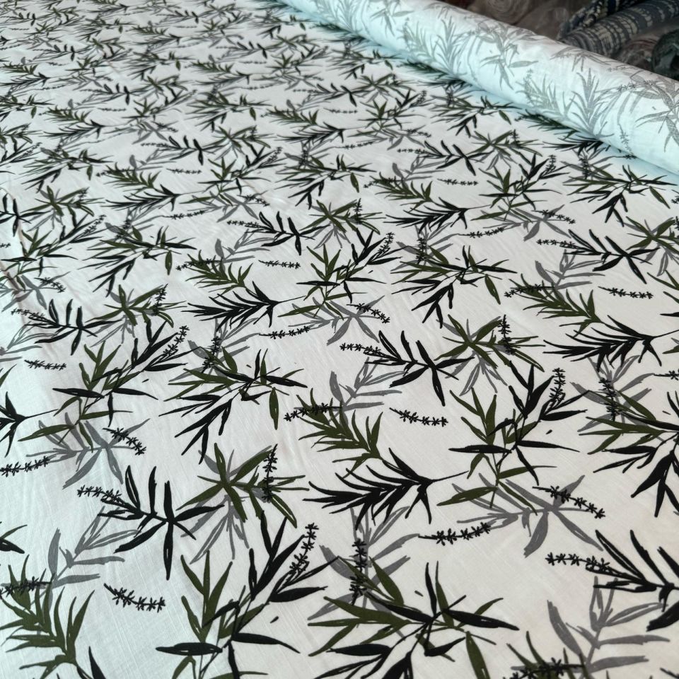 %100 Pamuk Flam Keten Kumaş Bambu Yaprak Desenli