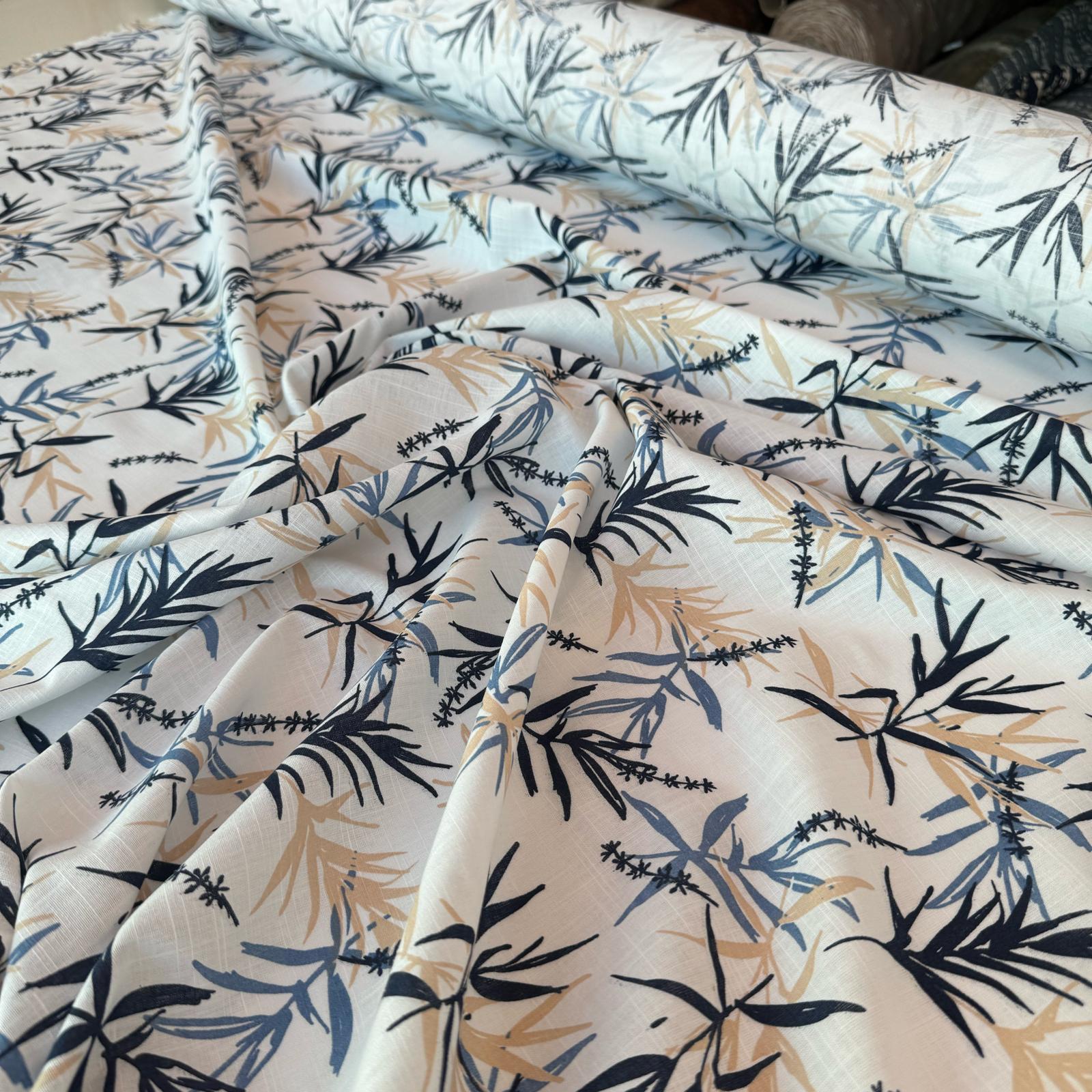 %100 Pamuk Flam Keten Kumaş Bambu Yaprak Desenli Pudra