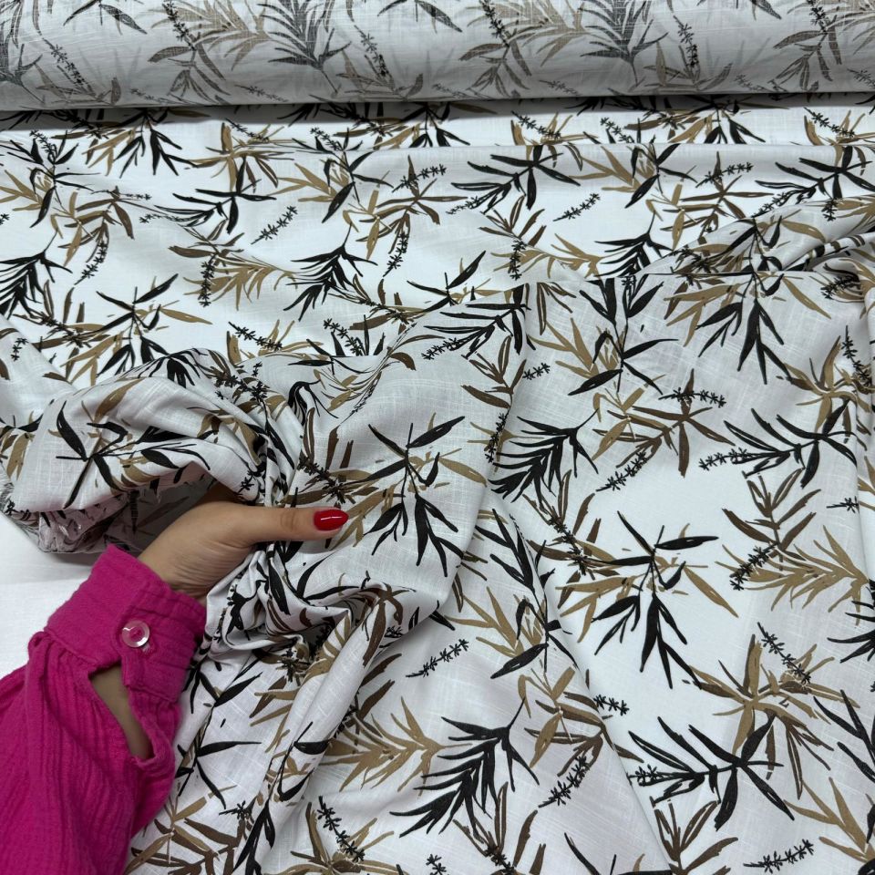 %100 Pamuk Flam Keten Kumaş Bambu Yaprak Desen Kahverengi